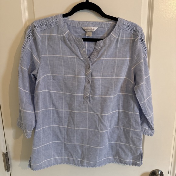 Christopher & Banks Tops - Christopher & Banks Blue Windowpane Plaid Crochet Lace Pom Pom Blouse Small